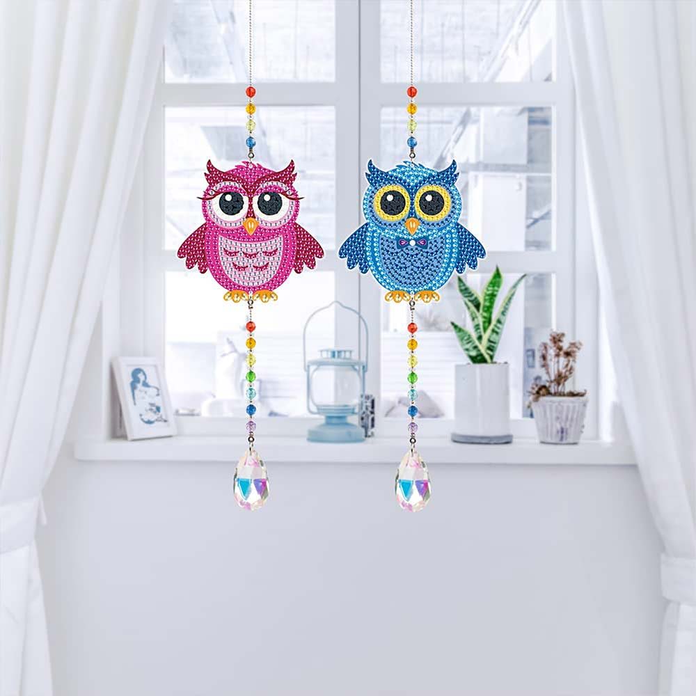 5D Diamond Painting Crystal Wind Chime Owls 2 Pieces - Image 2