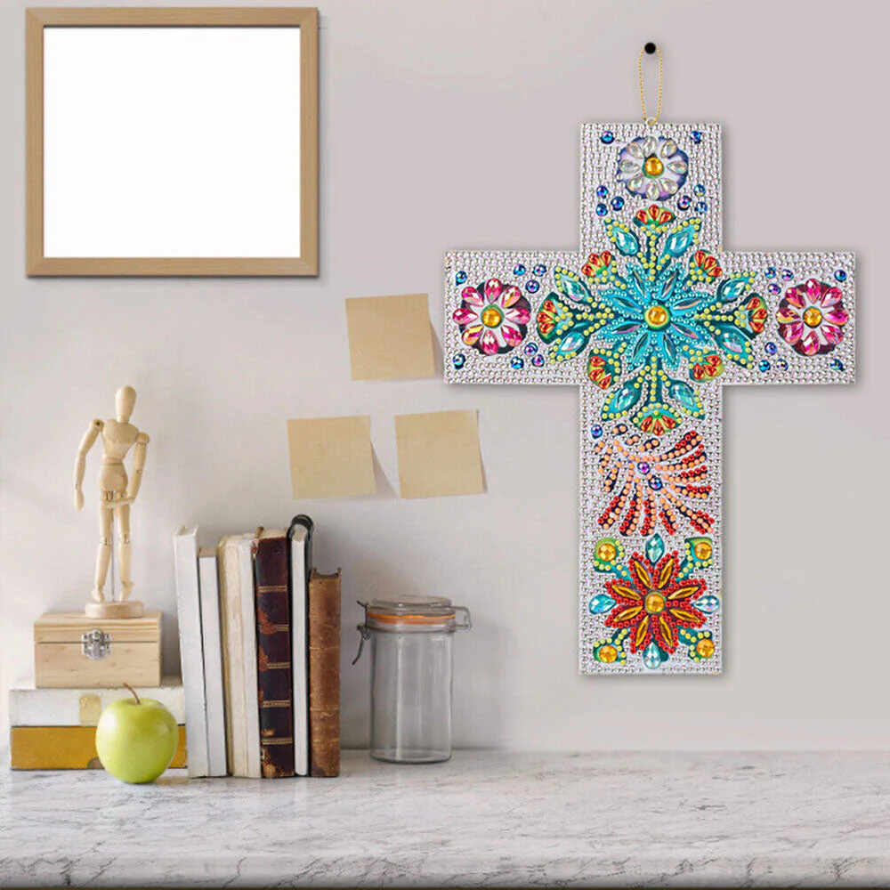 5D Diamond Painting Decorative Pendant Cross with Flowers - Image 2