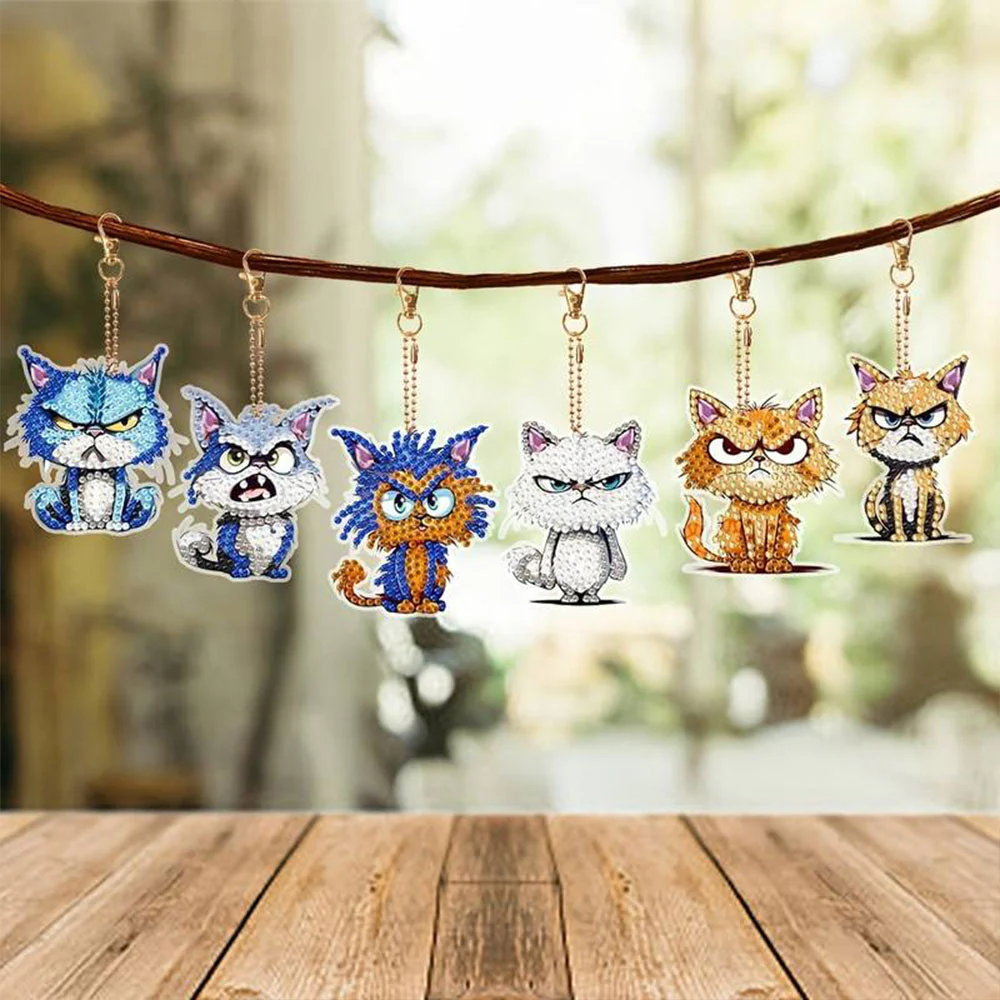 5D Diamond Painting Keychain Bad Cats 6 Pieces - Image 3