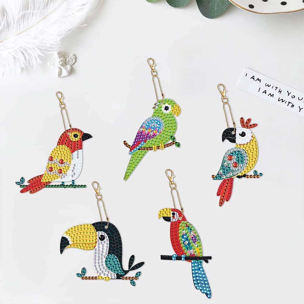 5D Diamond Painting Keychain Parrots 5 Pieces - Image 2
