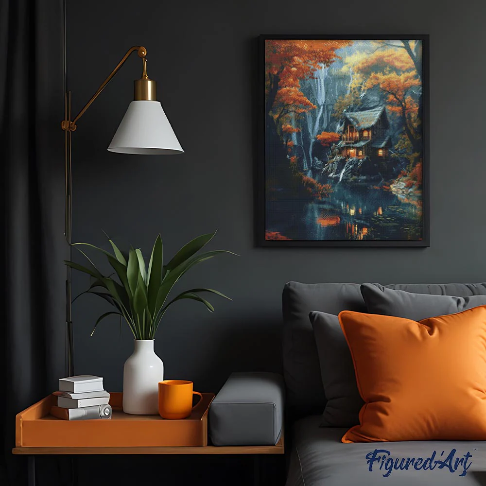 Diamond Painting - Autumn Cabin by Waterfall - Image 2