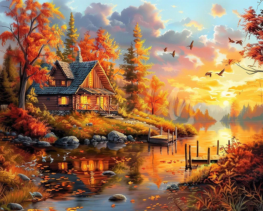 Diamond Painting - Autumn Sunset by the Cabin canvas already framed