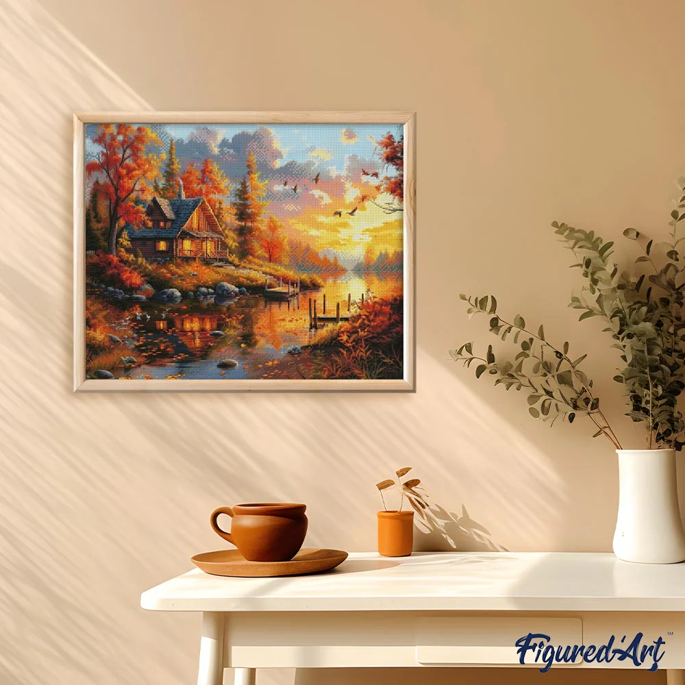 Diamond Painting - Autumn Sunset by the Cabin canvas already framed - Image 2
