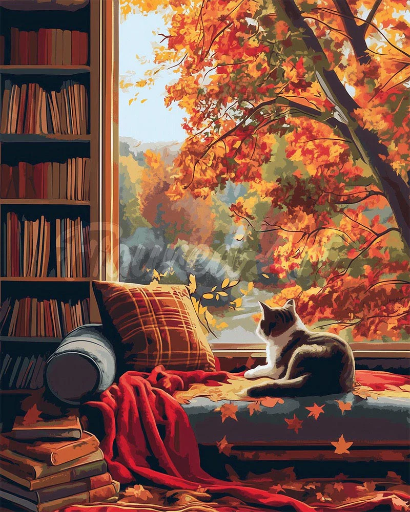 Diamond Painting - Cat's Autumn View canvas already framed