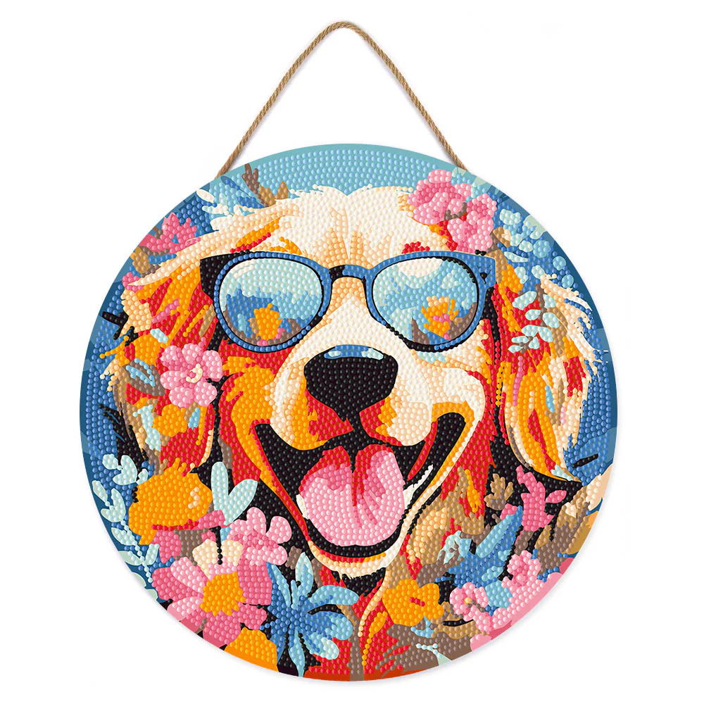 Diamond Painting on Wood Slice - Fantasy Dog and Flowers - Image 2
