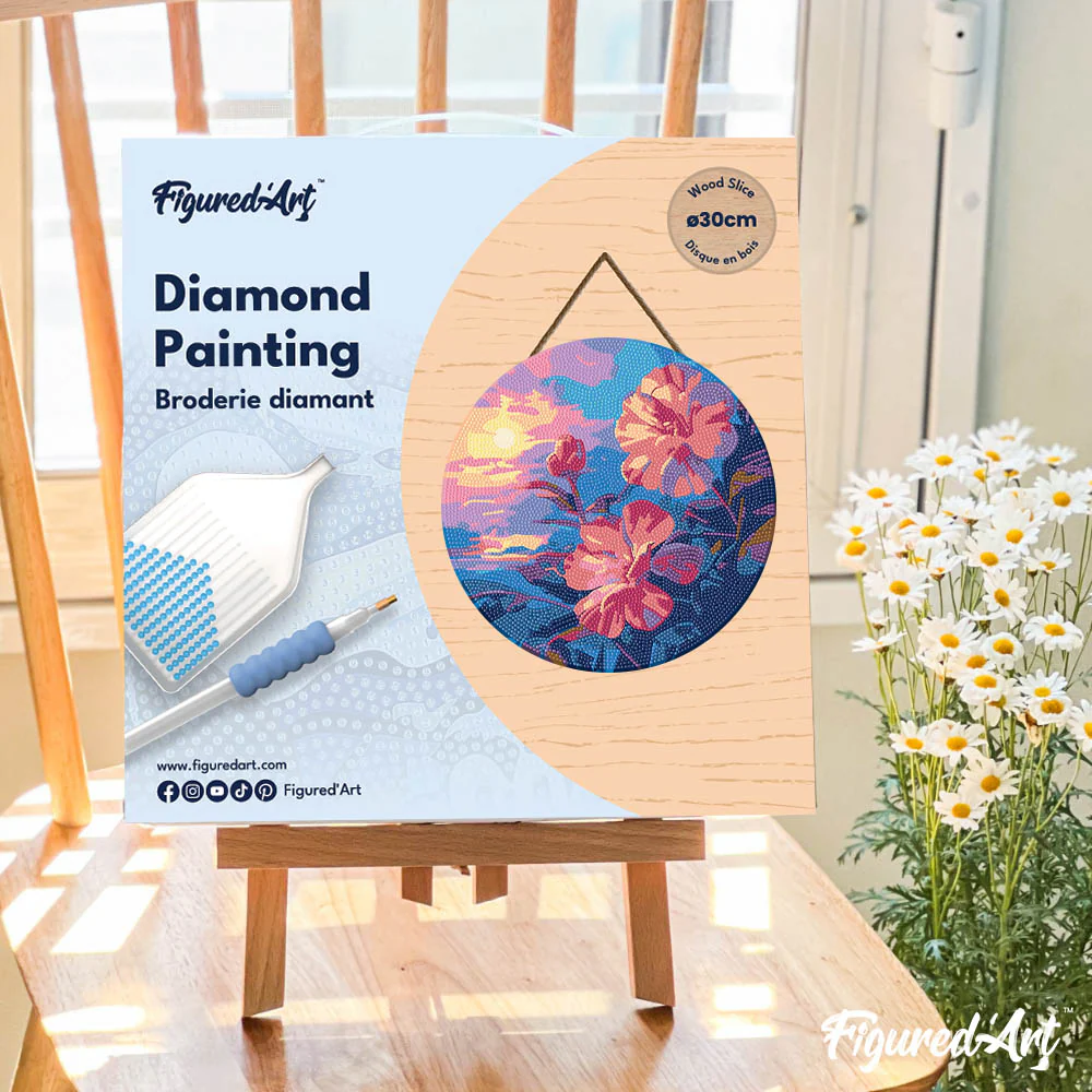 Diamond Painting on Wood Slice - Hibiscus at Sunset - Image 4