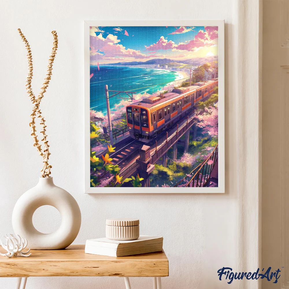 Diamond Painting - Sakura Railway by the Ocean canvas already framed - Image 2
