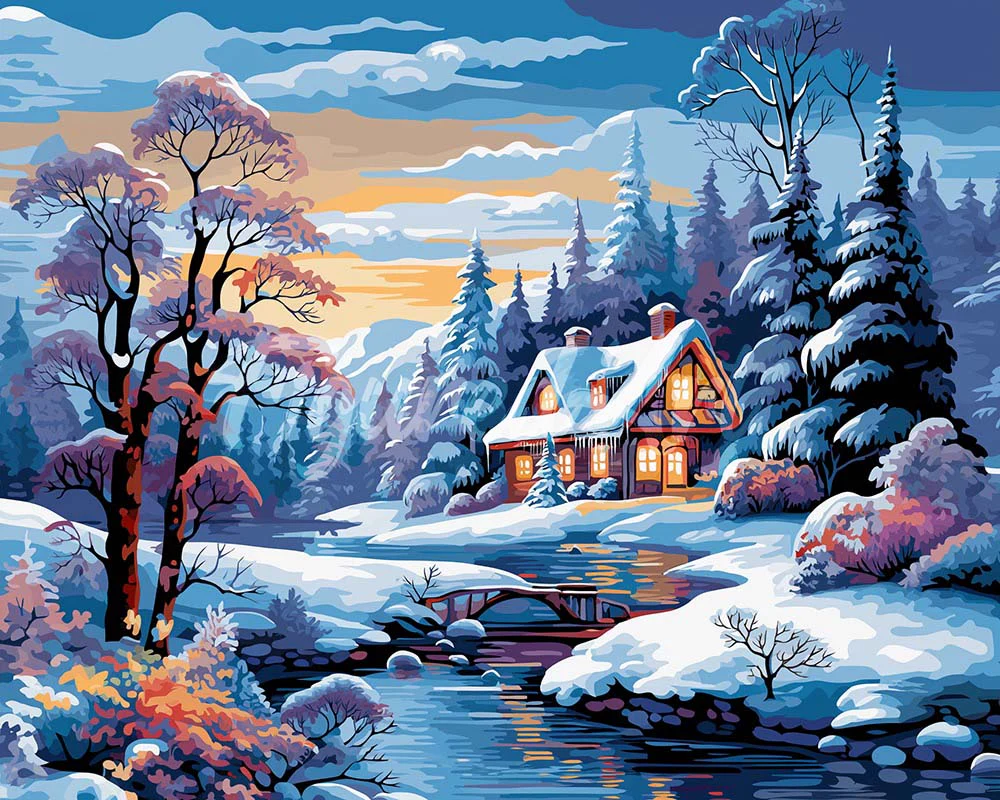 Diamond Painting - Winter River Cottage 40x50cm canvas already framed