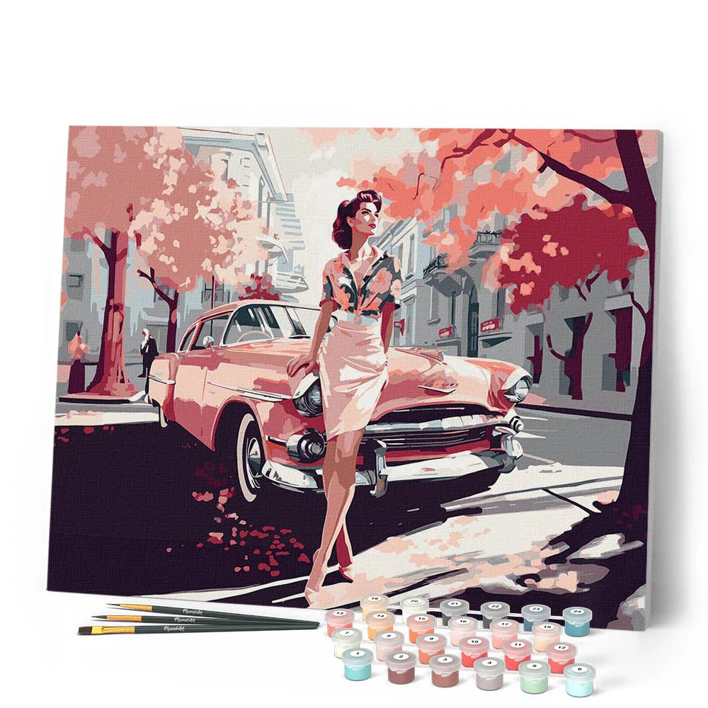 Lady and Pink Classic Car - Image 2