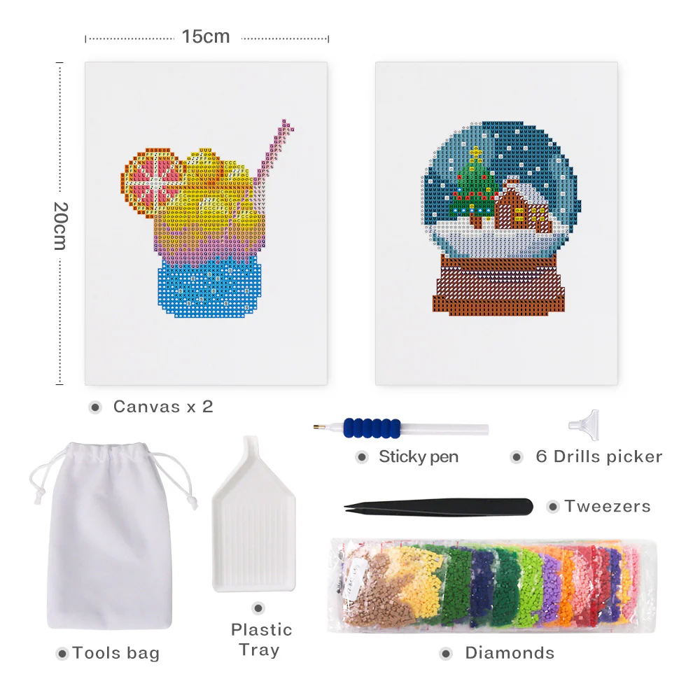 Mini Diamond Painting 15x20cm (2 pieces) - Summer Smoothie and Winter Snow Globe - Image 2