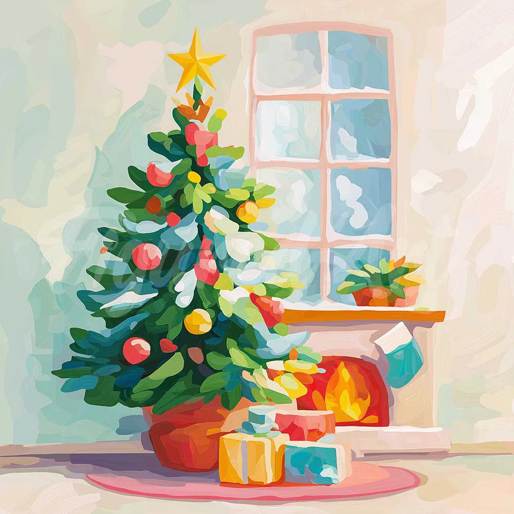 Mini Diamond Painting 25x25cm - Christmas Tree and Fireplace