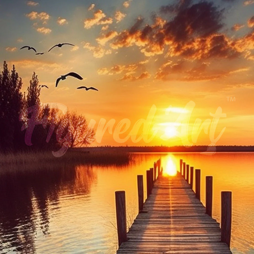 Mini Diamond Painting 25x25cm - Golden Lake Sunset