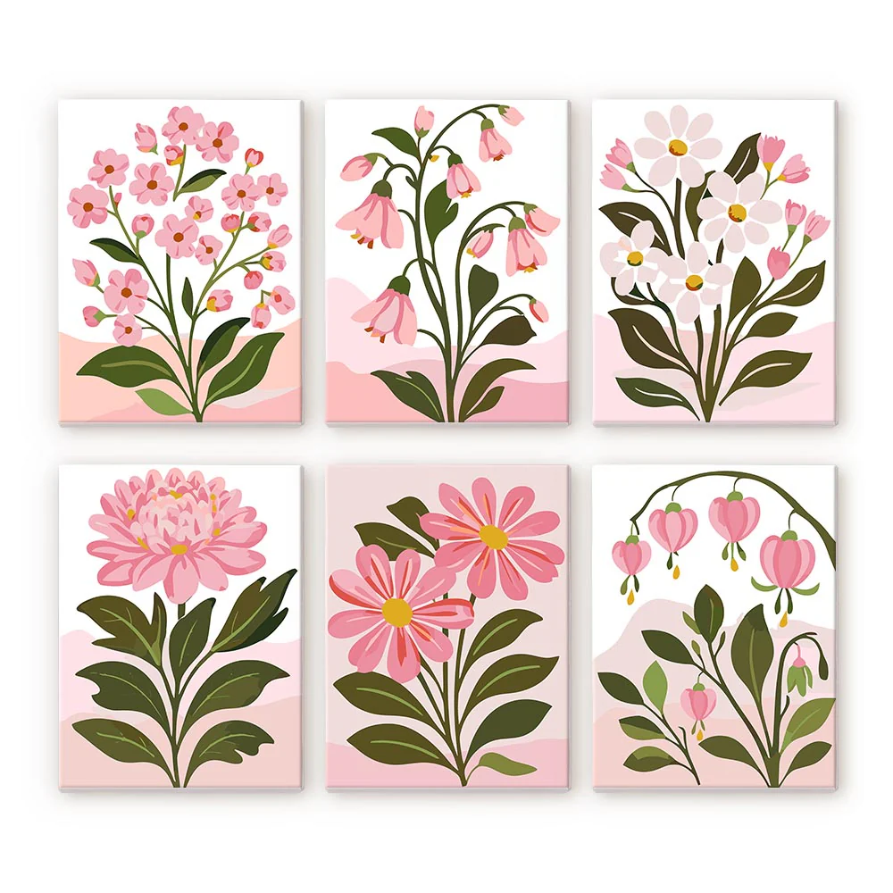 Mini Paint by numbers 15x20cm (6 pieces) - Pink Flowers