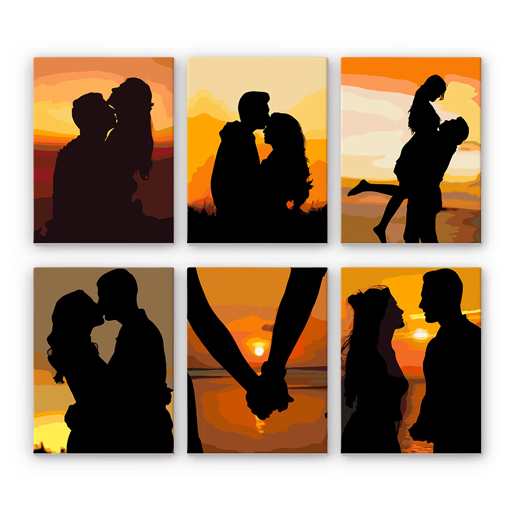 Mini Paint by numbers 15x20cm (6 pieces) - Romantic Sunset Silhouettes