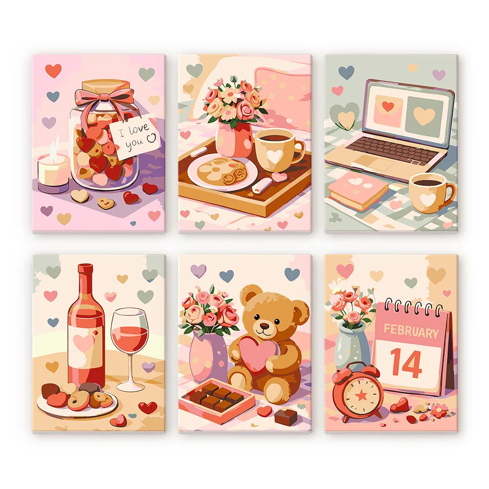 Mini Paint by numbers 15x20cm (6 pieces) - Valentine's Day