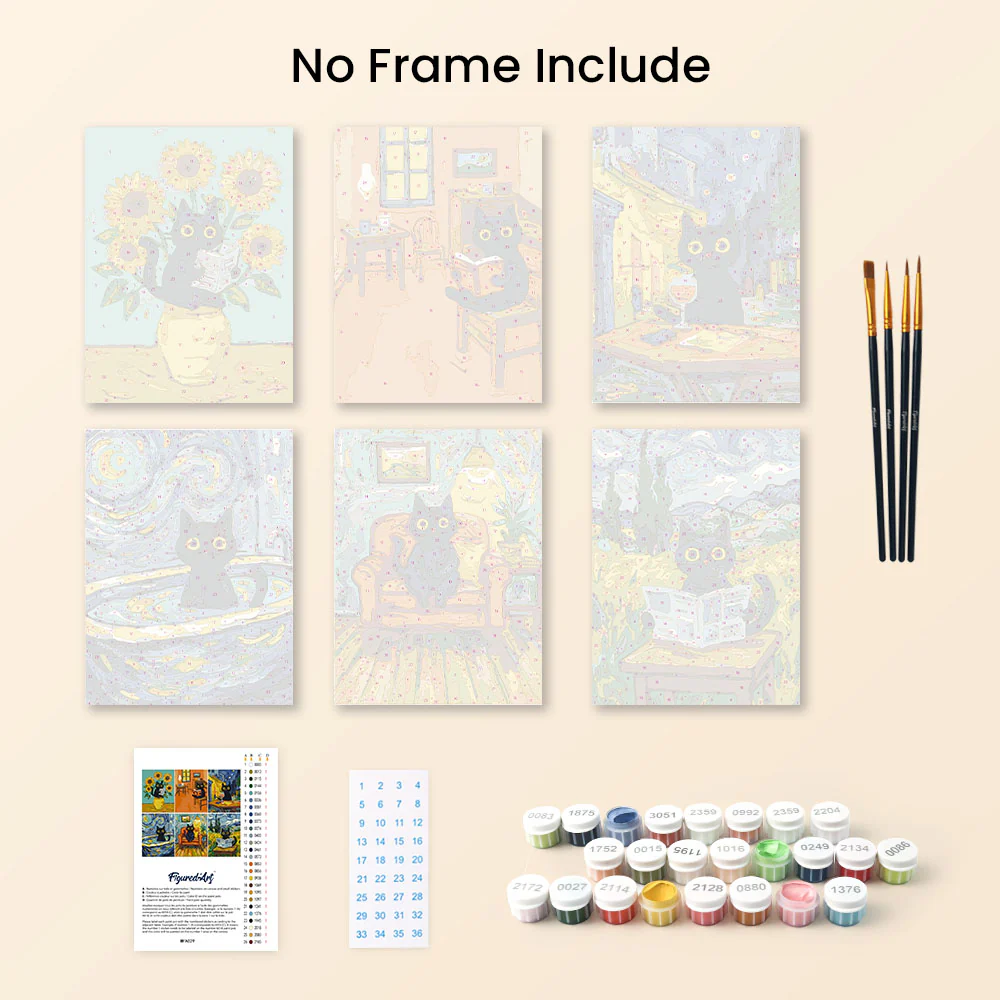 Mini Paint by numbers 15x20cm (6 pieces) - Van Gogh Style Cat - Image 10