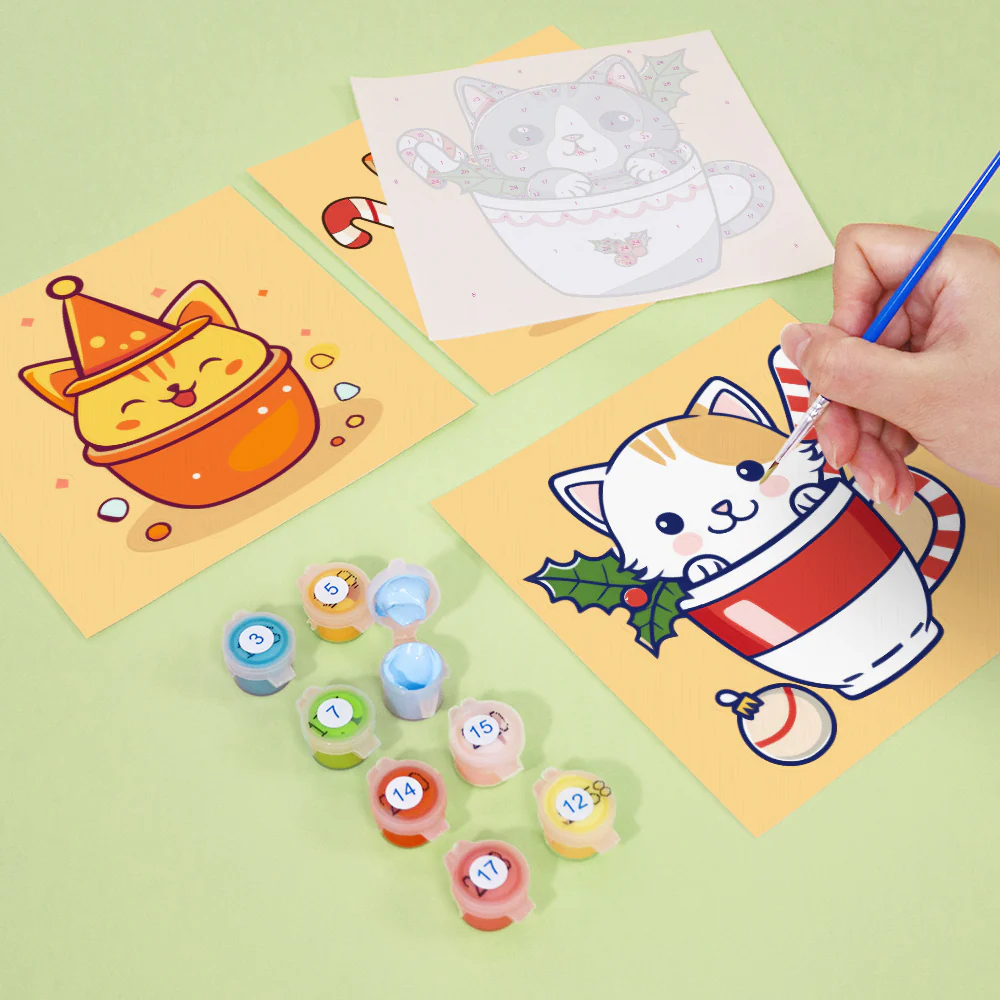 Mini Paint by numbers 15x15cm (6 pieces) - Christmas Cats in Cups - Image 7