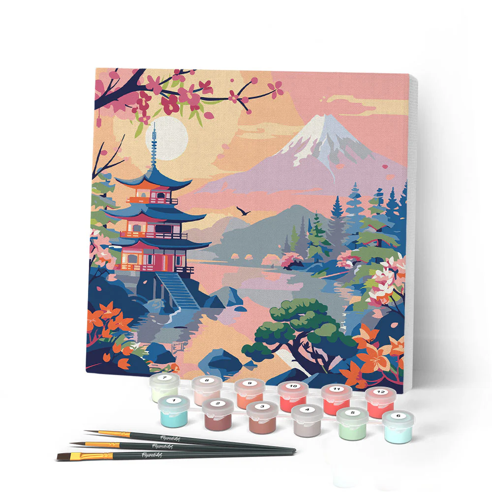 Mini Paint by numbers 20x20cm framed - Pagoda and Mount Fuji