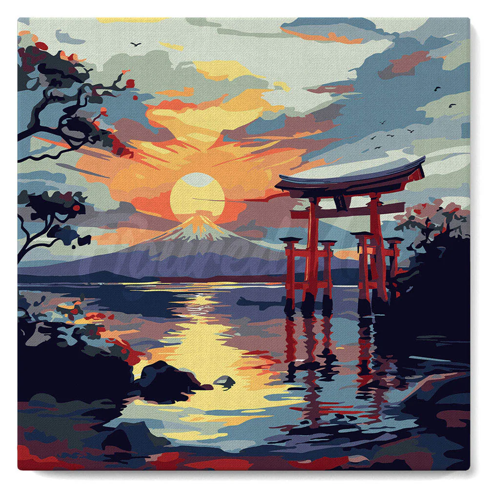 Mini Paint by numbers 20x20cm framed - Torii Gate at Sunset - Image 2