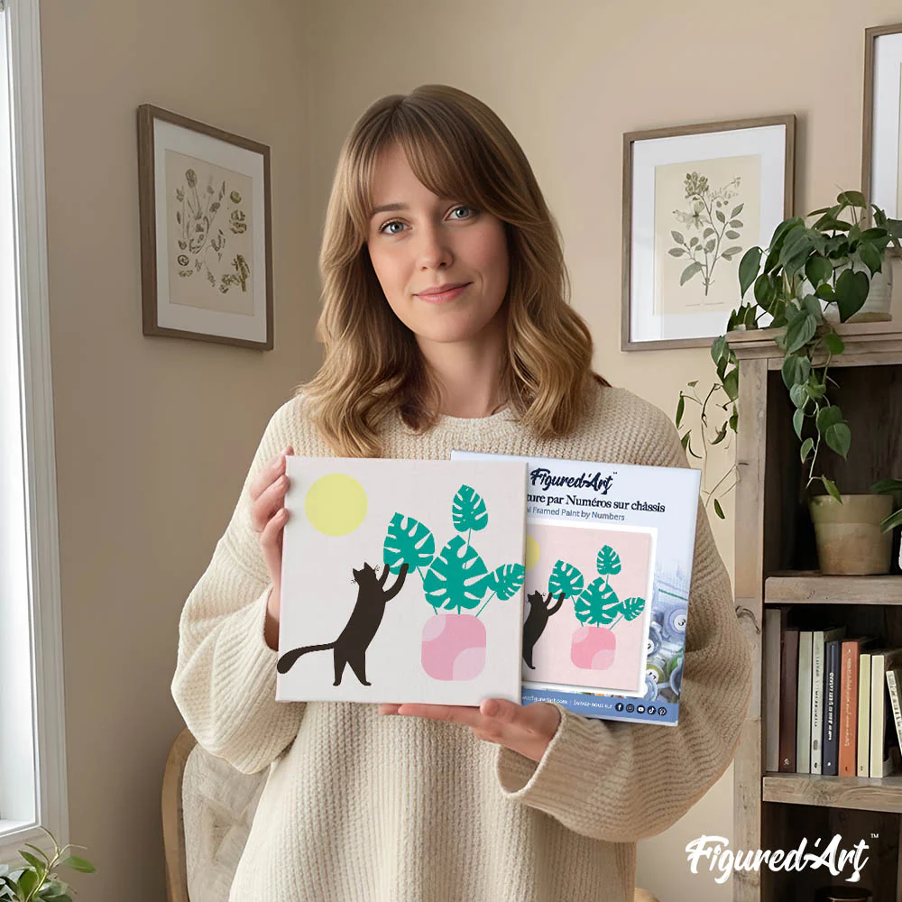 Mini Paint by numbers Cat plays with Monstera 20x20cm already framed - Image 12