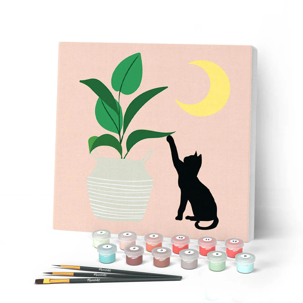 Mini Paint by numbers Cat plays with plant in the moonlight 20x20cm already framed