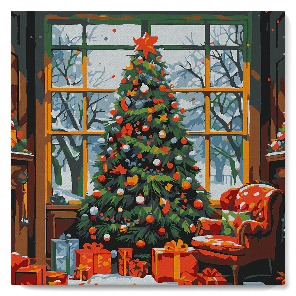 Mini Paint by numbers Christmas Tree in a Living Room 20x20cm already framed - Image 2