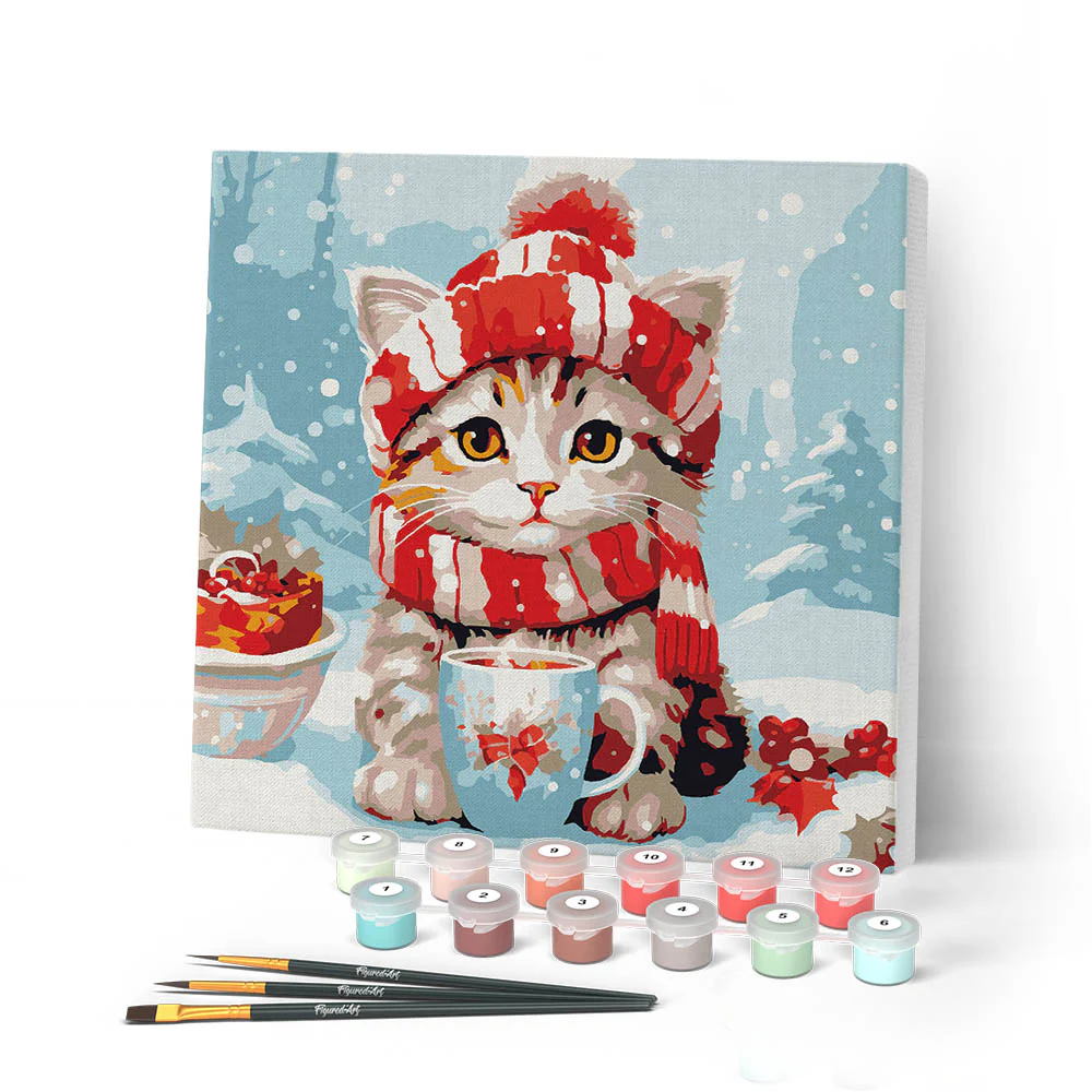 Mini Paint by numbers Cute cat in Red Scarf 20x20cm already framed