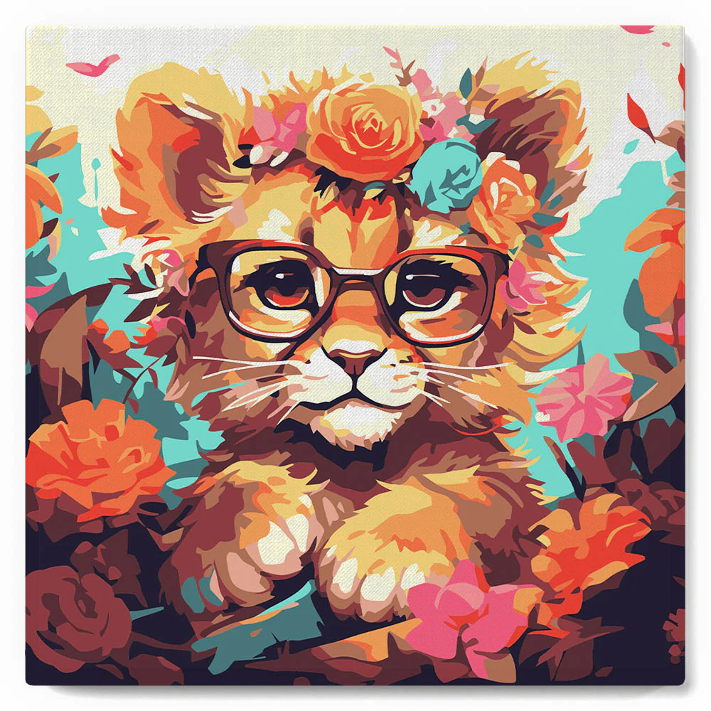 Mini Paint by numbers Fantasy Lion Cub and Flowers 20x20cm already framed - Image 2