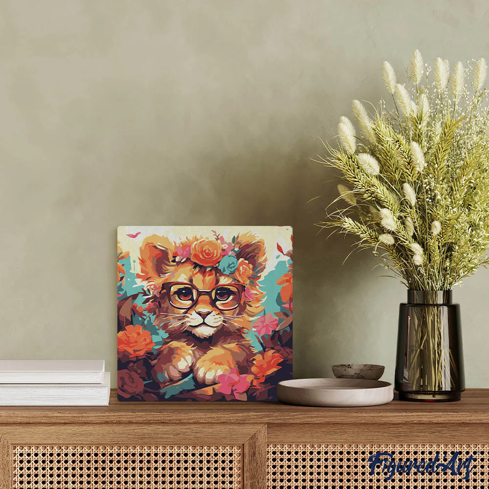 Mini Paint by numbers Fantasy Lion Cub and Flowers 20x20cm already framed - Image 3