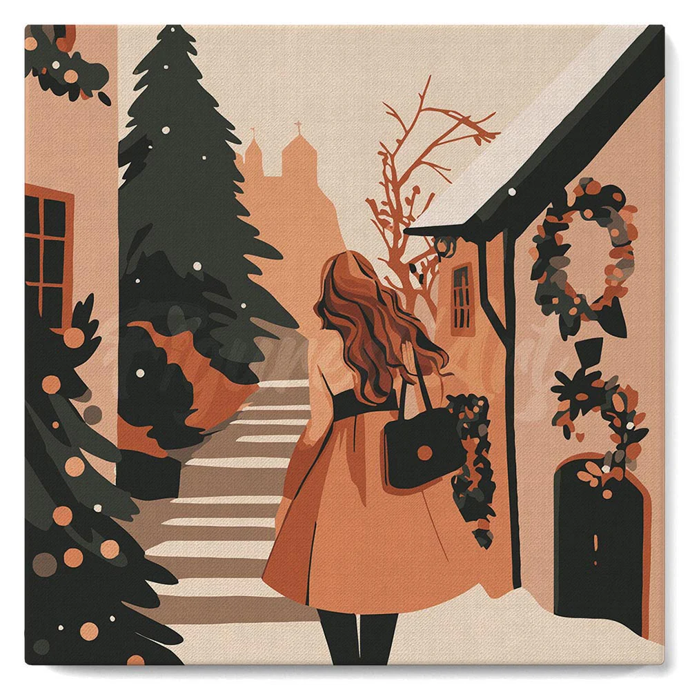 Mini Paint by numbers 8"x8" framed - Girl in Festive Village - Image 2