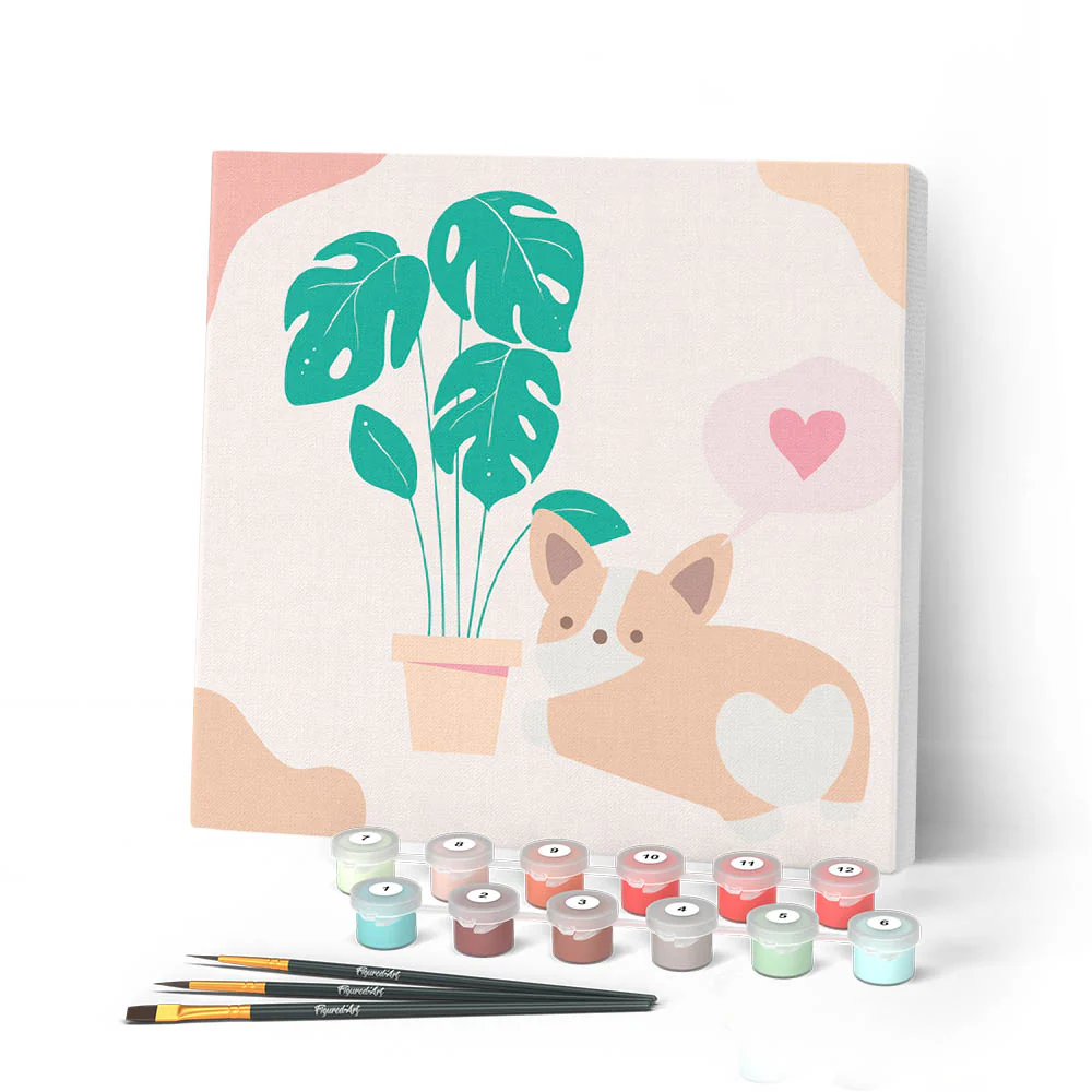 Mini Paint by numbers Little Puppy Loves Monstera 20x20cm already framed