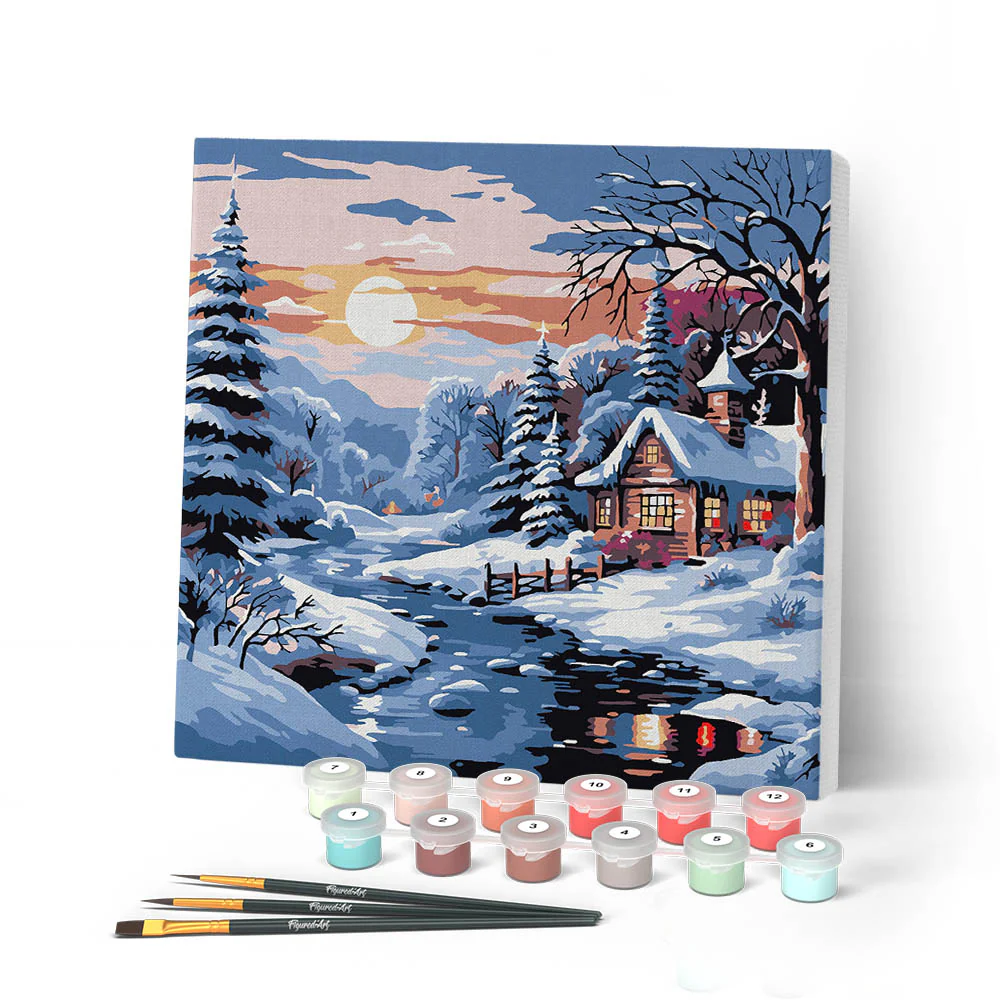 Mini Paint by numbers Lovely Winter Cottage 20x20cm already framed