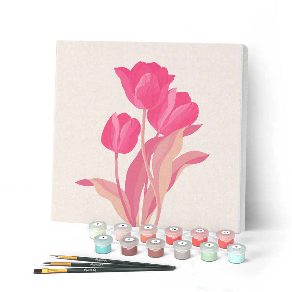 Mini Paint by numbers Pink Tulip Bush 20x20cm already framed