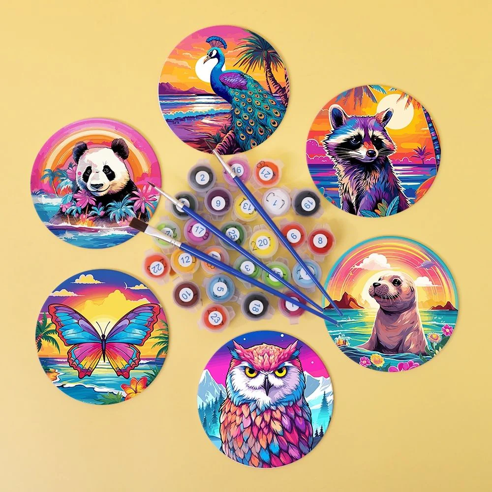 Paint by numbers 10cm Coasters (6 pieces) - Wildlife Series with Panda, Raccoon and Seal - Image 2