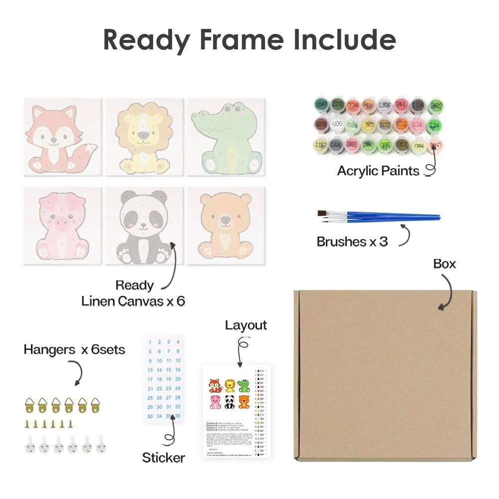 Mini Paint by numbers 15x15cm (6 pieces) - Cute Animal Characters - Image 12