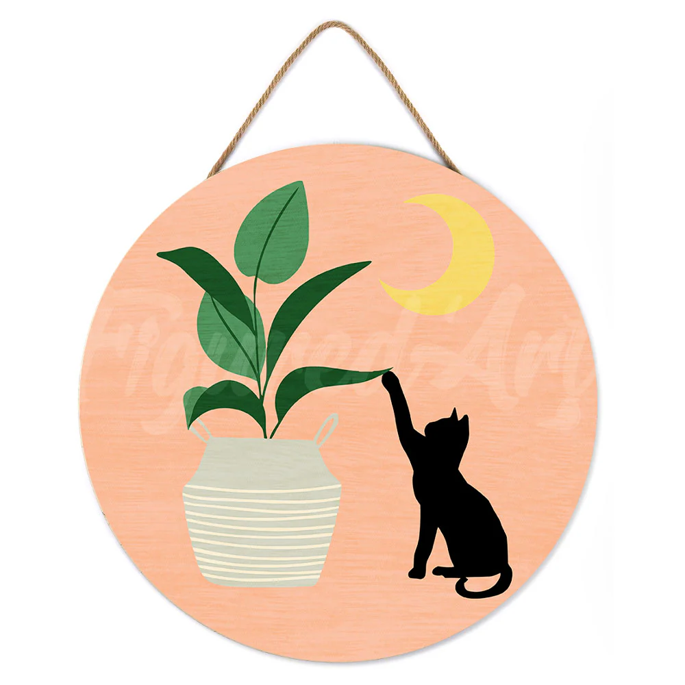 Paint by numbers on Wood Slice - Cat plays with plant in the moonlight - Image 2