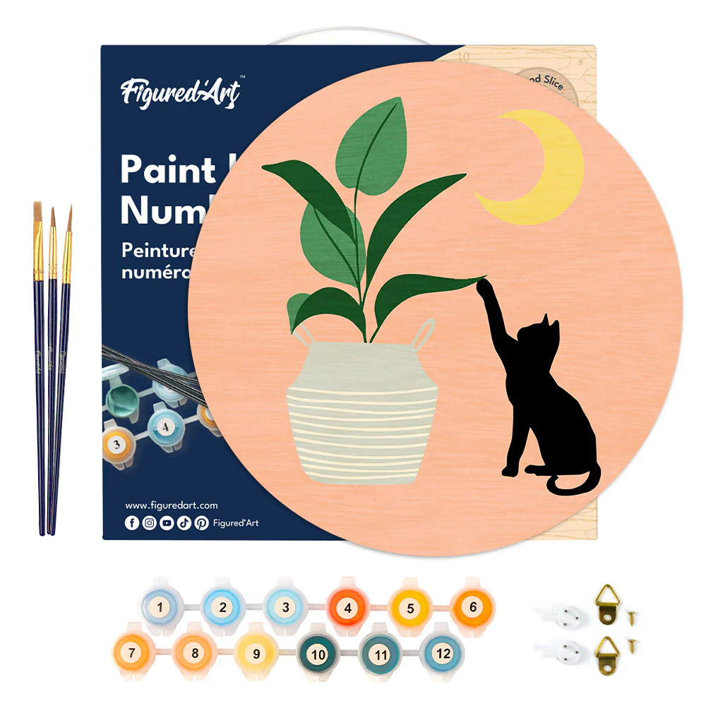 Paint by numbers on Wood Slice - Cat plays with plant in the moonlight - Image 6