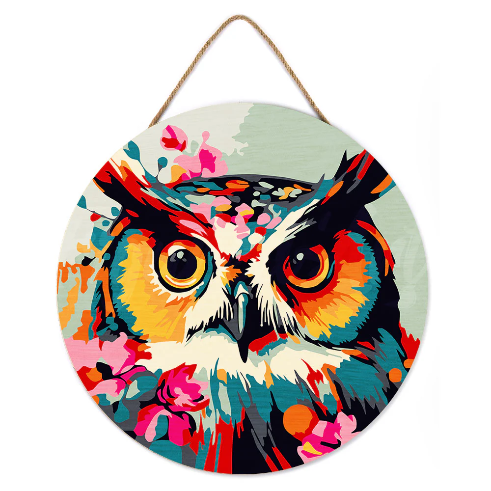 Paint by numbers on Wood Slice - Fantasy owl with flowers - Image 2
