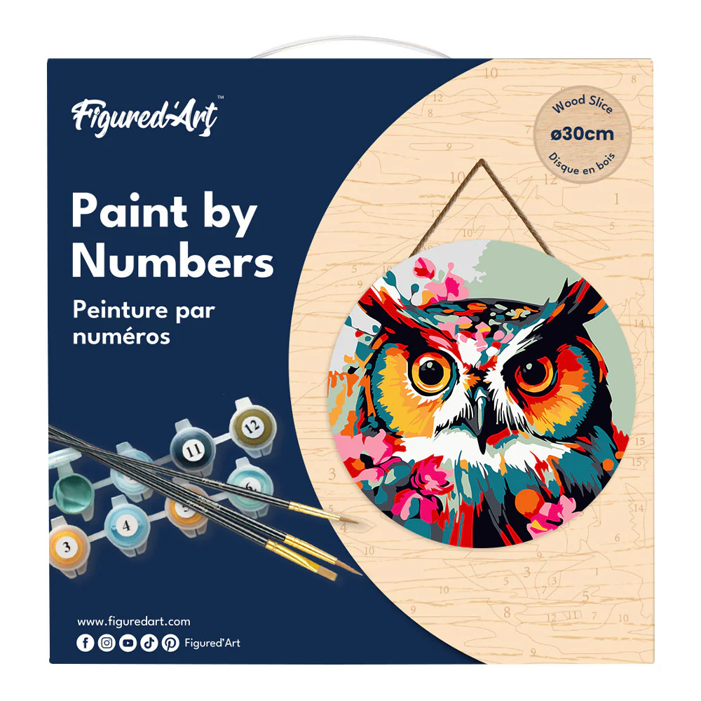 Paint by numbers on Wood Slice - Fantasy owl with flowers - Image 4