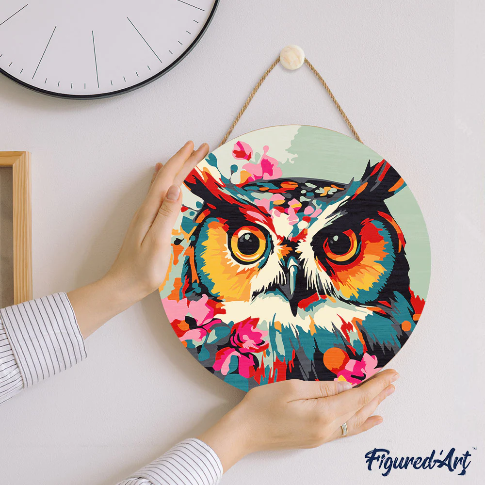Paint by numbers on Wood Slice - Fantasy owl with flowers - Image 7
