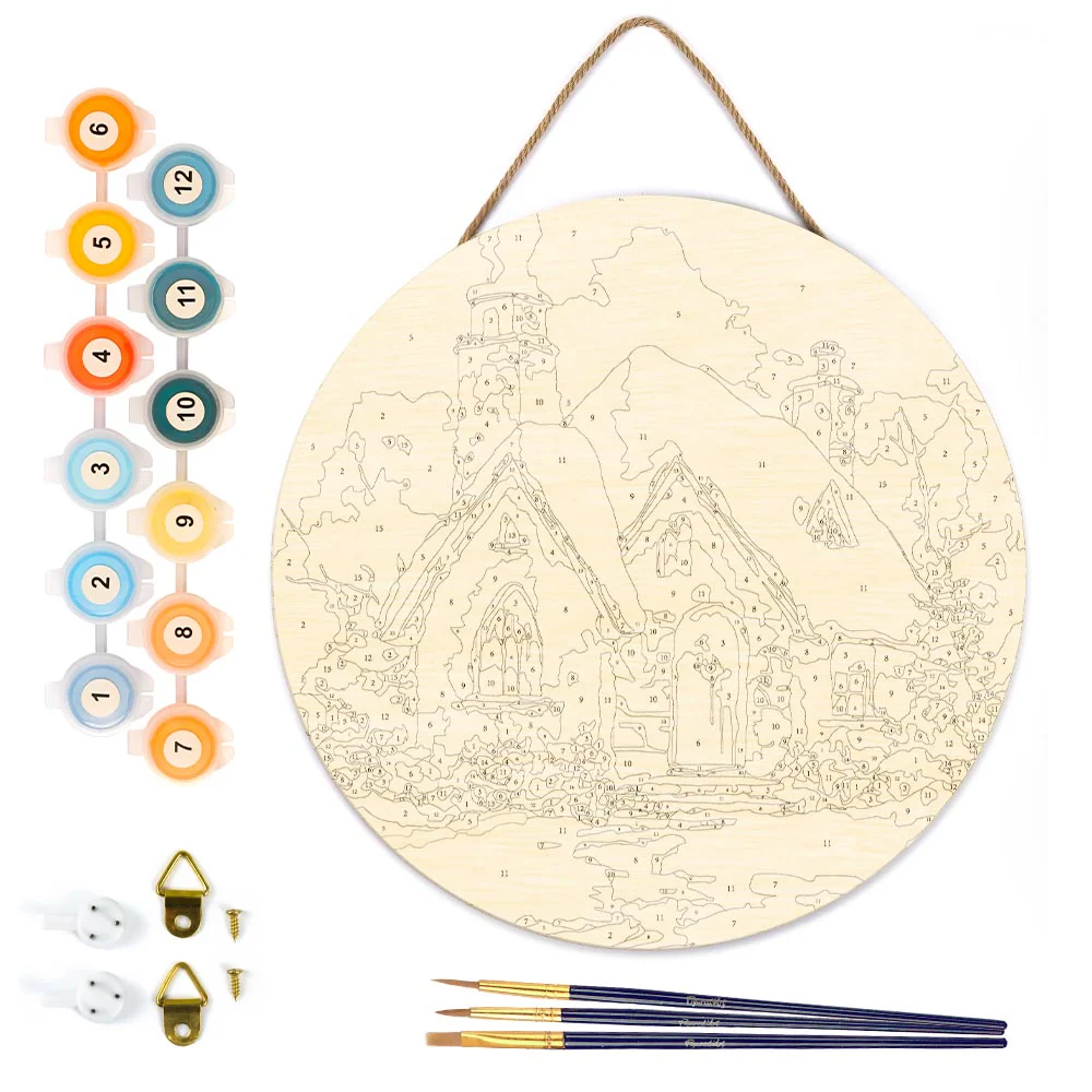 Paint by numbers on Wood Slice - Winter Brick House - Image 5