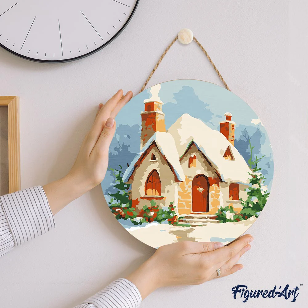 Paint by numbers on Wood Slice - Winter Brick House - Image 7