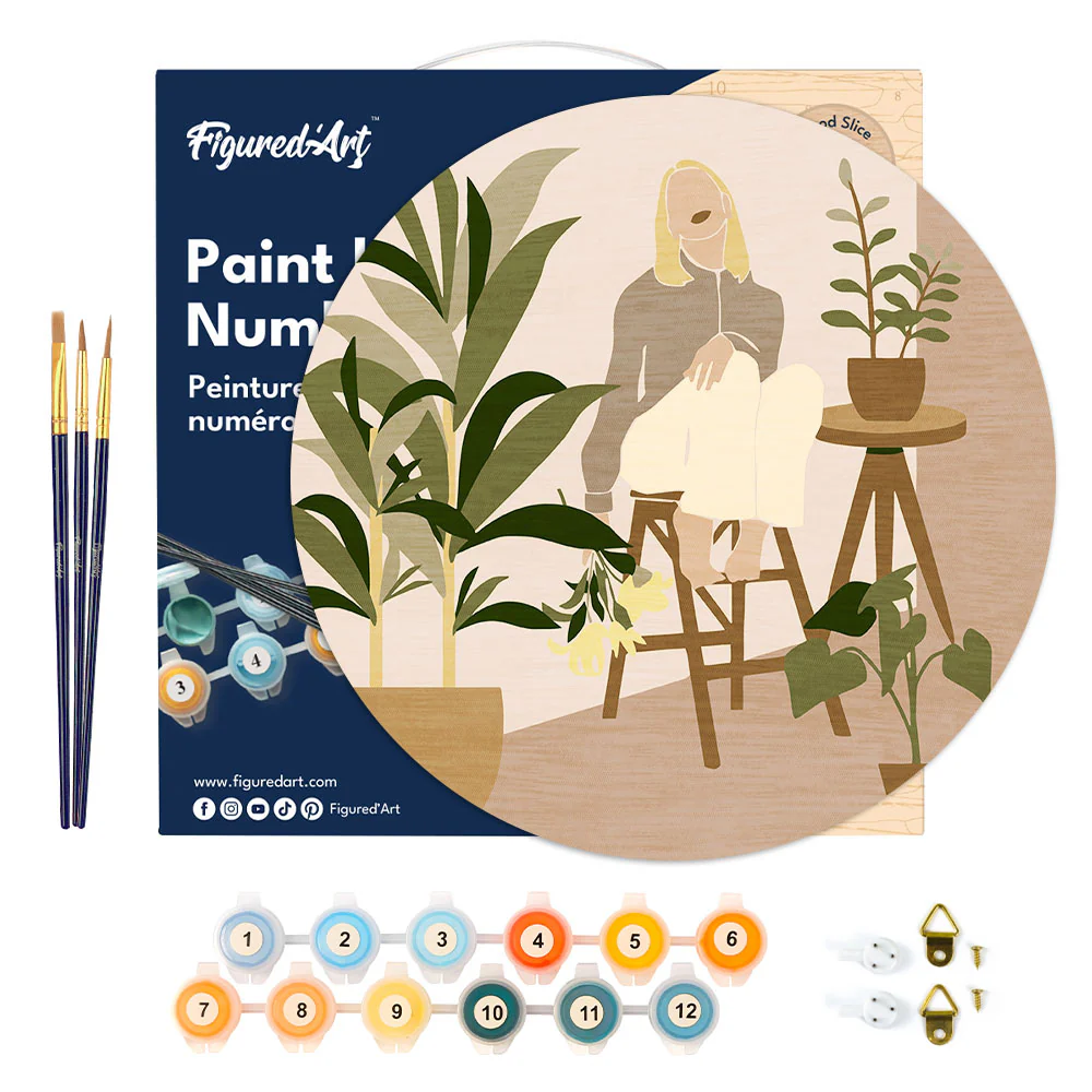 Paint by numbers on Wood Slice - Woman in the room with plants - Image 6