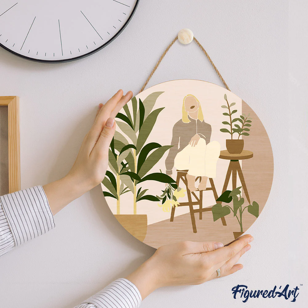 Paint by numbers on Wood Slice - Woman in the room with plants - Image 7