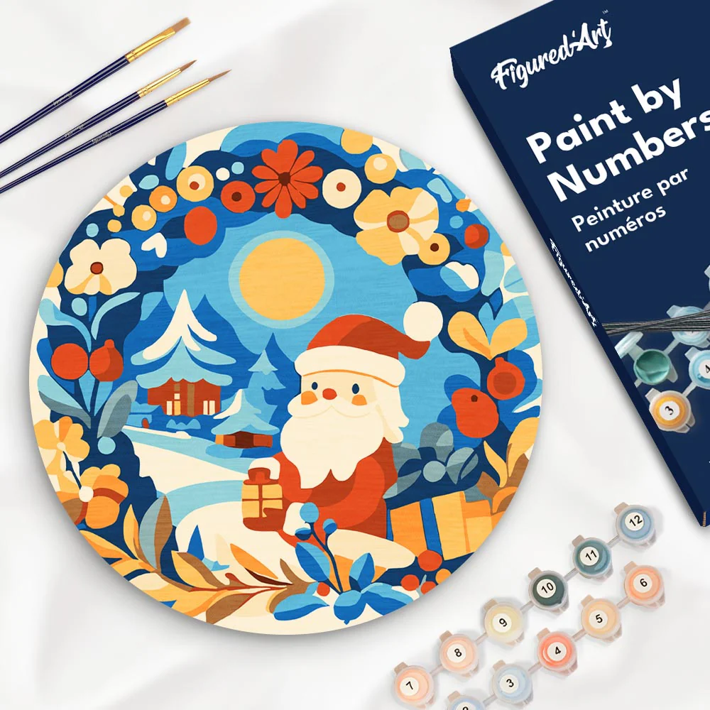 Paint by numbers on Wood Slice - Wreath and Santa