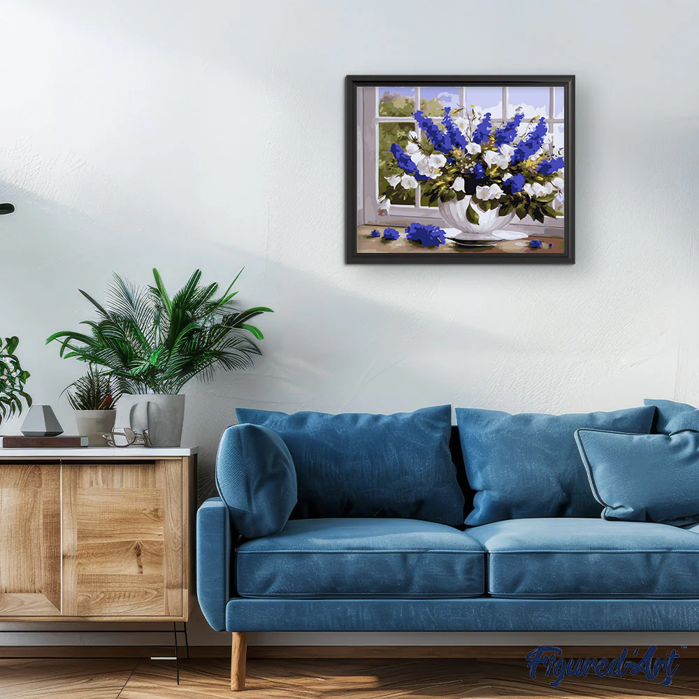 Vase of blue and white flowers - Image 3