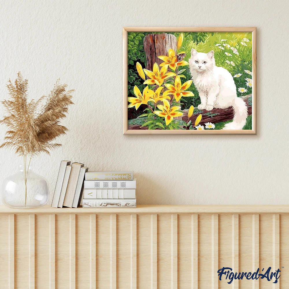 White Cat and Yellow Flowers - Image 3